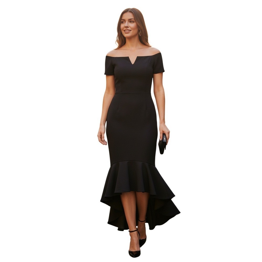 Black Off the Shoulder High Low Mermaid Ruffle Evening Gown Fits S Dress Festive
